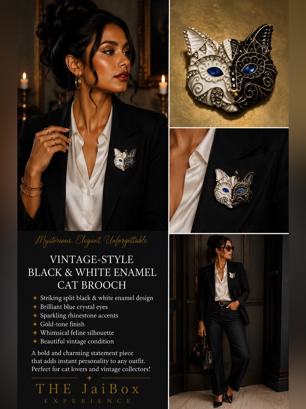 ✨ Vintage Black & White Enamel Cat Brooch 🐈‍⬛🤍